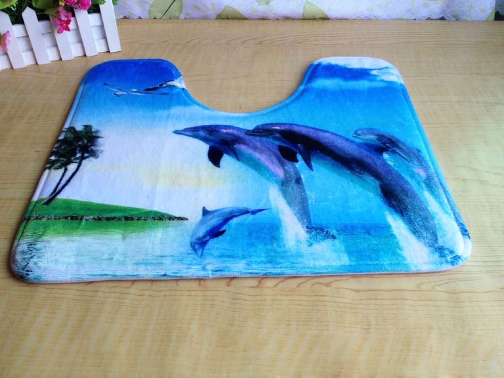 Dolphin Print 3 Piece Bath Mat Set Toilet Rug Bath Contour Mat Toilet